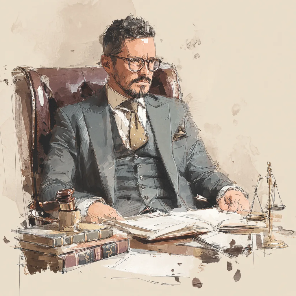 Attorney reviewing case files at a law office desk